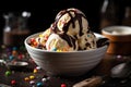 Bowl of creamy smooth vanilla bean ice cream with drizzle of warm chocolate sauce, sprinkles. AI generated Royalty Free Stock Photo