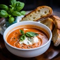 A bowl of creamy tomato soup, garnished with a dollop of sour cream