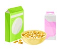 Bowl of Crispy Cereal or Muesli with Carton of Milk Rested Nearby Vector Composition