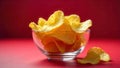 A bowl of crispy, golden potato chips on a vibrant red background. Generative AI Royalty Free Stock Photo
