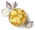 Bowl of crispy wavy potato chips or crisps with sour cream and onion flavor Royalty Free Stock Photo