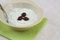 Bowl of cucumber sauce tzatziki on a white wood