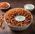 A bowl of curly fries, seasoned with a zesty blend of chili powder and cumin and served with a side of cool ranch dressing.