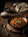 a bowl of curry on a wooden table with food Royalty Free Stock Photo