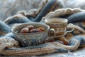 A bowl of dates, coffee and tea on a backdrop with a blanket Royalty Free Stock Photo