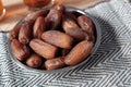 Bowl of dates fruit and glass of tea Royalty Free Stock Photo