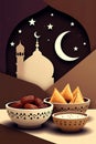 Ramadan Food Arrangement with Mosque Silhouette Royalty Free Stock Photo