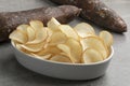 Bowl with deep fried cassava chips and cassave tuber in the background