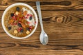 Bowl with delicious asure dessert on wooden table Royalty Free Stock Photo