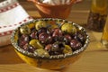 Bowl of delicious black and green olives