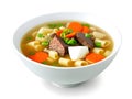 bowl of delicious chinese soup with vegetables and meat on white background, Ai Generated