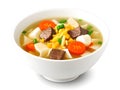 bowl of delicious chinese soup with vegetables and meat on white background, Ai Generated