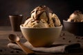 Bowl of delicious coffee ice cream on dark background