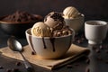 Bowl of delicious coffee ice cream on dark background