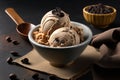 Bowl of delicious coffee ice cream on dark background