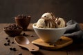 Bowl of delicious coffee ice cream on dark background