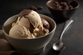 Bowl of delicious coffee ice cream on dark background