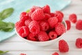 Bowl with delicious fresh ripe raspberries on white wooden table Royalty Free Stock Photo