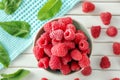 Bowl with delicious fresh ripe raspberries on white wooden table Royalty Free Stock Photo