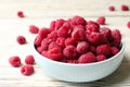 Bowl of delicious fresh ripe raspberries on white wooden table, closeup Royalty Free Stock Photo