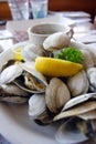 Bowl of Delicious Fresh Steamer Clams with Lemon and Broth Royalty Free Stock Photo