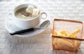 Bowl of delicious homemade cream of mushroom soup. Mushroom cream soup on a table. Bowl of fresh homemade mushroom soup on wooden Royalty Free Stock Photo