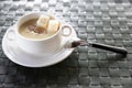 Bowl of delicious homemade cream of mushroom soup. Mushroom cream soup on a table. Bowl of fresh homemade mushroom soup on wooden Royalty Free Stock Photo