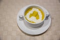 Bowl of delicious homemade cream of Pumpkin soup.Pumpkin cream soup on a table. Bowl of fresh homemade Pumpkin soup on wooden tabl