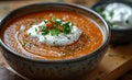 Bowl of delicious homemade tomato soup with sour cream and chives Royalty Free Stock Photo