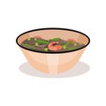 Bowl of delicious noodle with shrimps. Tasty meal. Traditional dish of Asian cuisine. Flat vector for cafe menu or