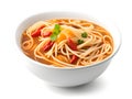 bowl of delicious noodle and spicy soup on white background