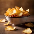 Bowl of delicious potato chips, AI-generated.