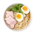 Bowl of delicious ramen with meat isolated on white, top view. Noodle soup