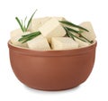Bowl with raw tofu pieces and rosemary on white background Royalty Free Stock Photo