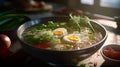 Bowl of delicious rice noodle soup with celery and egg. Generative AI Royalty Free Stock Photo