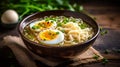 Bowl of delicious rice noodle soup with celery and egg. Generative AI Royalty Free Stock Photo