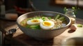 Bowl of delicious rice noodle soup with celery and egg. Generative AI Royalty Free Stock Photo