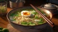 Bowl of delicious rice noodle soup with celery and egg. Generative AI Royalty Free Stock Photo