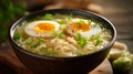 Bowl of delicious rice noodle soup with celery and egg. Generative AI Royalty Free Stock Photo