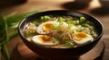 Bowl of delicious rice noodle soup with celery and egg. Generative AI Royalty Free Stock Photo
