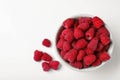 Bowl of delicious ripe raspberries on white background, top Royalty Free Stock Photo