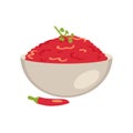 Bowl with delicious salsa mexican spicy sauce in flat style. Perfect for tee, stickers, menu and logotype. Isolated vector