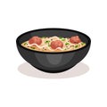 Bowl of delicious soup with meatballs and noodle. Traditional dish of Asian cuisine. Appetizing meal. Flat vector icon