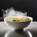 A bowl of delicious steaming vegetable soup. White isolated.