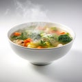 A bowl of delicious steaming vegetable soup. White isolated.