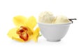 Bowl with delicious vanilla ice cream and flower Royalty Free Stock Photo