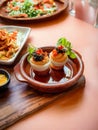 Bowl of deviled eggs on a wooden board. AI-generated.