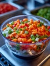 A bowl of diced colorful vegetables on a kitchen counter. Royalty Free Stock Photo