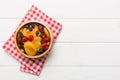 Bowl with different dried fruits on table background, top view. Healthy lifestyle with copy space Royalty Free Stock Photo