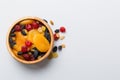 Bowl with different dried fruits on table background, top view. Healthy lifestyle with copy space Royalty Free Stock Photo